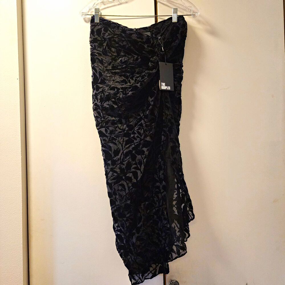 The Kooples Black Floral Velvet Ruched Twist Pencil Midi Skirt Zip French Size 2